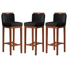 Kit 3 Banquetas Média para Cozinha 38x92 Cm Líbia Madeira Maciça Suede Preto CCS