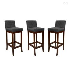Kit 3 Banquetas Média para Balcão de Cozinha Tóquio Madeira Maciça Matelassê Suede Cinza CCS