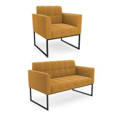Sofá Namoradeira e Poltrona Industrial Preto Elisa Bouclê Mostarda D03 - D`Rossi