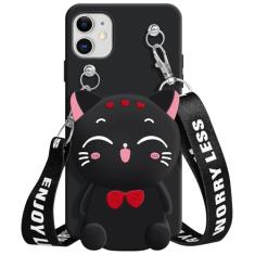 SGVAHY Capa carteira para iPhone 12 Mini com cordão de cordão fofo gato preto bolsa de moeda engraçada capa de telefone kawaii de silicone macio à prova de choque para mulheres meninas