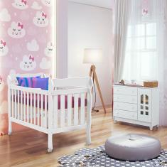 Quarto de Bebê Selena Berço 3 em 1 Lila Cômoda Infantil com Porta Branco Carolina Baby