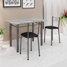 Conjunto Sala de Jantar Mesa Retangular 100x60cm Tampo Granito Topázio 2 Banquetas Maragogi Yescasa Preto Liso / Mart Prata