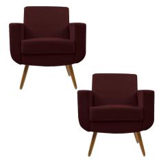 Kit 02 Poltronas Decorativa Cristal Pés Madeira Suede Marsala