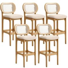 Kit 05 Banquetas Altas Para Cozinha Bancada Sala Tela Betta Fixa L02 Suede Bege - Lyam