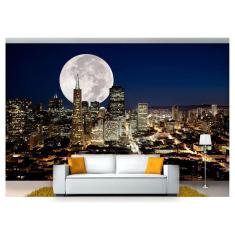 Papel De Parede Lua Cheia Noite Cidade 3D Lua04