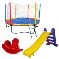 Cama Elástica Pula Pula Trampolim  Colorida 2,30m + Escorregador Médio + Gangorra 1 lugar 