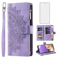 Asuwish Capa de telefone para Samsung Galaxy A32 5G 2021 6,5 polegadas capa carteira com protetor de tela de vidro temperado mandala flor flip zíper titular cartão celular M32 G5 A 32 32A S32 SM-A326U