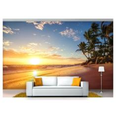 Papel De Parede Praia Mar Por Do Sol Coqueiro Npr203 - Você Decora