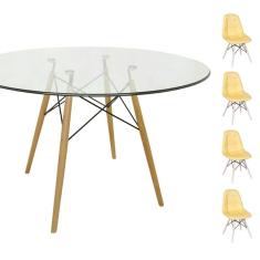 Conjunto Mesa Eames Eiffel Redonda Vidro 90cm + 4 Cadeiras Eames DSW Botonê - Amarela
