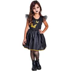 Fantasia Vestido Bruxinha Morcego Dourado Infantil Halloween