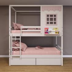 Beliche Casinha Reta Com 02 Gavetas Madeira Maciça Branco/ Rosa Housin