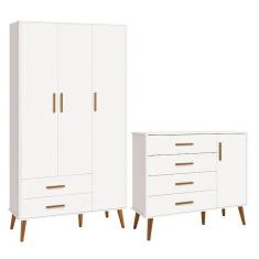 Jogo De Quarto Infantil Isis Guarda Roupa 3 Portas E Cômoda 1 Porta Branco - Reller Móveis Branco