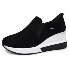 Tênis Feminino Anabela Slip On Nobuck Preto Prata Via Marte 046-002-01