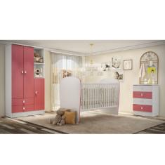 Quarto de Bebê Completo com 1 Berço 1 Cômoda 1 Guarda Roupa Arco-Íris Branco/Rosa Móveis Percasa