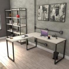 Kit 3 Peças com Mesa para Escritório em L Kuadra e 2 Estantes Multiuso