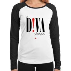 Baby Look Raglan A Diva Chegou Manga Longa - Foca na Moda, Branco, Pre