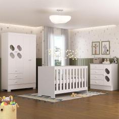 Quarto de Bebê Completo Guarda Roupa 4 Portas 3 Gavetas com Cômoda e Berço Hera Branco Branco
