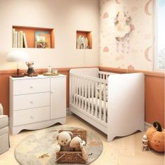 Quarto de Bebê Cômoda 3 Gavetas 1 Porta Berço Americano 3 em 1 Pirueta Espresso Móveis Branco Brilho