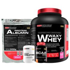 Kit Waxy Whey 2kg + Albumina 500g + BCAA 100g Tangerina + Power Creati