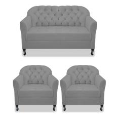 Kit Namoradeira Recamier Sofá mais 02 Poltrona Julia Pés Luís Xv Com Botonê Quarto Sala de Estar Recepção Suede Cinza - AM Decor