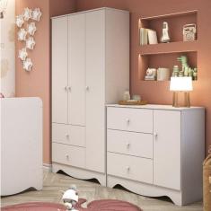 Quarto de Bebê com Cômoda 3 Gavetas e Guarda Roupa 3 Portas Adoletá Espresso Móveis Branco Brilho