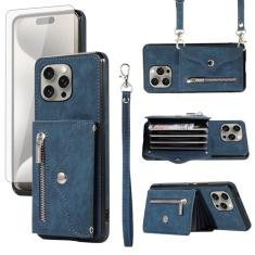 Asuwish Capa de celular para iPhone 15 Pro 6,1 polegadas e protetor de tela de vidro temperado com alça transversal de pulso suporte para cartão iPhone15Pro 5G i i-Phone i15 iPhone15 15Pro feminino