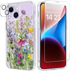 bicol Capa para iPhone 14 com protetor de tela e lente de câmera - Designs florais de flores elegantes para mulheres e meninas - Capa de telefone transparente de acrílico à prova de choque de 6,1