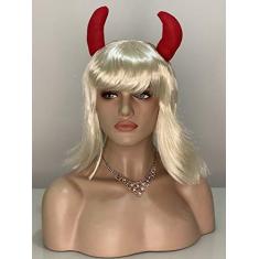 Peruca Loira Com Chifre Franja Diabinho Capetinha Halloween