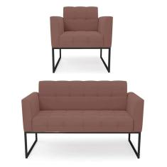 Kit 1 Sofá Namoradeira E 1 Poltrona Elisa Veludo Rosê Base Metálica Industrial Preto - D`rossi