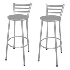 Kit 2 Banco Banqueta Alta Bar Gourmet Encosto Chapa Prata - Moveraço