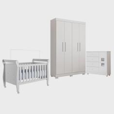Quarto de Bebê com Berço Mini Cama, Cômoda 1 Porta 4 Gavetas e Roupeiro 4 Portas 3 Gavetas 100%