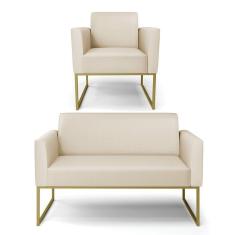 Sofá Namoradeira Com Poltrona Base Industrial Dourado Marisa Corino Bege D03 - D`rossi