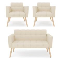 Kit 1 Sofá Namoradeira E 2 Poltronas Elisa Linho Pés Palito Natural - D`rossi Cor A19 Bege