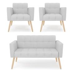 Kit 1 Sofá Namoradeira E 2 Poltronas Elisa Linho Pés Palito Natural - D`rossi Cor A05 Cinza