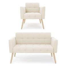 Kit 1 Sofá Namoradeira E 1 Poltrona Elisa Veludo Bege Pés Palito Natural - D`rossi