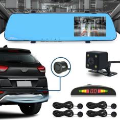 Kit Retrovisor C/ Tela + Câmera Ré E Frontal + Sensor Ré Preto Fosco E