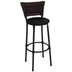 Banqueta Alta Preta com Encosto Junco Argila Assento Preto - Fortmix