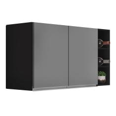 Armário De Cozinha Aéreo Califórnia 80cm E Nicho Garrafeiro 20cm Riad Preto Cinza - Lumil