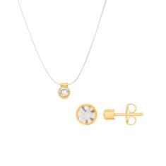 Kit Rommanel Banhado Ouro Brinco Colar Solitários Ponto Luz De Cristal