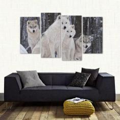 Quadro Paisagem Matilha De Lobos Brancos Em Tecido 4 Peças