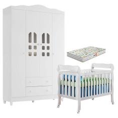 Berço Americano Lila e Guarda Roupa Infantil New Selena 4 Portas Branco Brilho com Colchão Gazin - Carolina Móveis