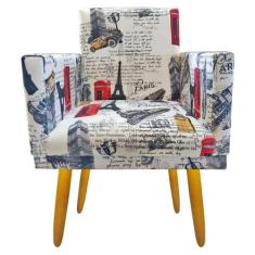 Poltrona Cadeira Decorativa Nina Com Rodapé Tecido Suede Estampa Paris