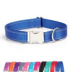 JAY D.L Coleira refletiva para cães com fivela de metal, coleiras de nylon macio e resistente com fivela de liberação rápida, coleiras ajustáveis para animais de estimação com anel de identificação