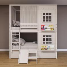 Treliche Casinha Reta Com 02 Janelas Escorregador E Cortina Madeira Maciça Branco Housin