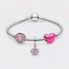 Pulseira Infantil com Berloques Prateado. Coração Rosa - JMH Sets, 17 