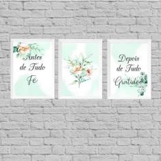 Kit 3 Quadros Fé E Gratidão Floral Suave 45X34Cm