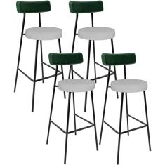 Kit 04 Banquetas Alta Bar Cozinha Sala De Jantar Milão L02 Facto Verde Musgo Linho Cinza