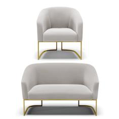 Sofá Namoradeira e Poltrona Industrial Dourado Stella Veludo Cinza D03 - D'Rossi