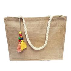 Sacola Rústica Juta com pingente colorido Bolsa de praia Ecobag