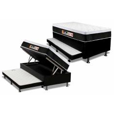 Cama Box Baú c/Auxiliar Solteiro: Colchão Espuma Castor D45 Black e White + Base CRC Courano Black(88x188)